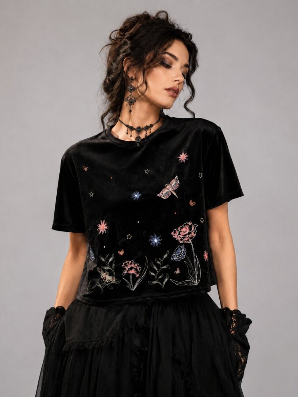 Dark Romance Velvet Embroidered Stretch Black Floral Top Boho Y2K